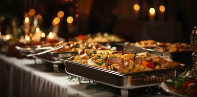 catering buffet voedsel binnen- in restaurant met vlees kleurrijk fruit en groenten. ai generatief foto