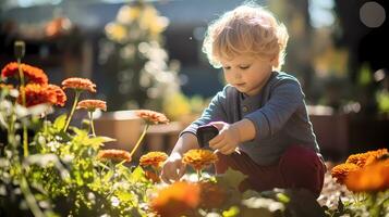 ai gegenereerd weinig jongen tuinieren met landschap vol van bloemen Aan warm zonnig dag. familie werkzaamheid. tuinieren en landbouw concept foto