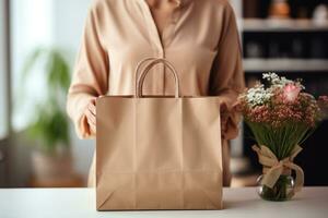 een ambacht papier zak zonder inscripties of logos Aan de tafel. silhouet van een vrouw achter een pakket. boodschappen doen concept foto