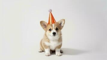 welsh corgi pembroke puppy in een verjaardag hoed Aan een wit achtergrond. foto