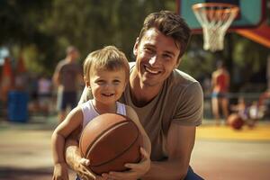 vader en zoon spelen basketbal. foto