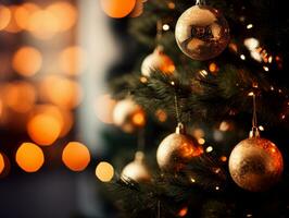 gouden decoraties hangende Aan een Kerstmis boom met defocussed achtergrond foto