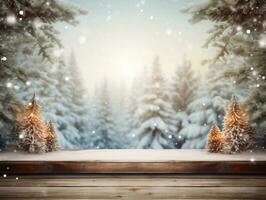leeg houten tafel op zoek uit naar een Kerstmis besneeuwd landschap foto
