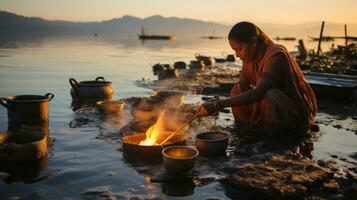 Indisch vrouw Koken Aan de meer Bij zonsondergang, mandala, myanmar. Dames koken zee water. foto