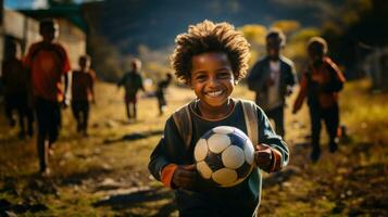 portret van gelukkig Papoea jongen Holding voetbal bal terwijl zijn vrienden spelen Aan achtergrond. foto