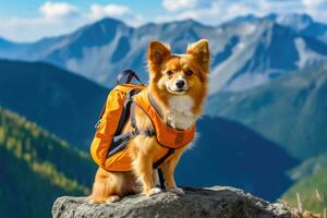 avontuurlijk reis - schattig hond onderzoekt berg landschappen met rugzak - generatief ai foto