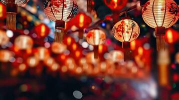 kleurrijk Chinese nieuw jaar lantaarns verlichting omhoog de duisternis - generatief ai foto