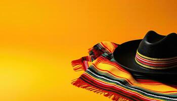 feestelijk Mexicaans elementen - sombrero hoed en poncho Aan geel - generatief ai foto