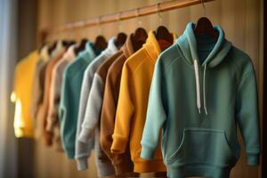 hoodies van verschillend kleuren hangen Aan een hanger. ai gegenereerd foto