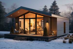 een klein knus huis met groot ramen in winter in de sneeuw, een uitgestorven plaats. ai-gegenereerd foto