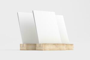 bureau kalender met hout staan 3d renderen wit blanco mockup foto