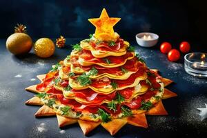 feestelijk Kerstmis boom pizza Aan bokeh achtergrond - generatief ai foto