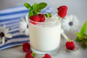 zoet gekookt eigengemaakt yoghurt met vers frambozen in een glas. foto