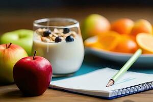 fruit, noten, zuivel producten en BES assortiment voor calorie controle - generatief ai foto