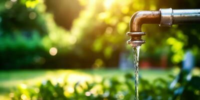 water giet van een kraan tegen de backdrop van natuur - generatief ai foto