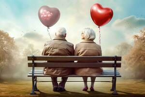 romantisch senioren - paar met rood ballonnen genieten van de park - generatief ai foto
