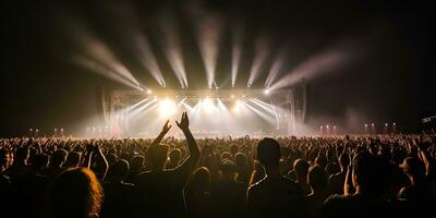 ai gegenereerd. ai generatief. nacht Open lucht concert tonen prestatie stadium leven muziek- evenement met veel mensen in de omgeving van. viering pret partij enthousiast achtergrond. grafisch kunst foto