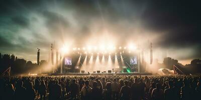 ai gegenereerd. ai generatief. nacht Open lucht concert tonen prestatie stadium leven muziek- evenement met veel mensen in de omgeving van. viering pret partij enthousiast achtergrond. grafisch kunst foto