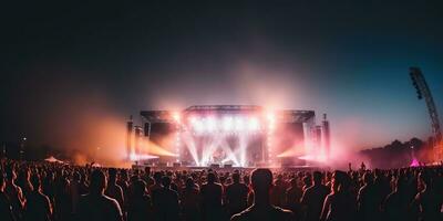 ai gegenereerd. ai generatief. nacht Open lucht concert tonen prestatie stadium leven muziek- evenement met veel mensen in de omgeving van. viering pret partij enthousiast achtergrond. grafisch kunst foto