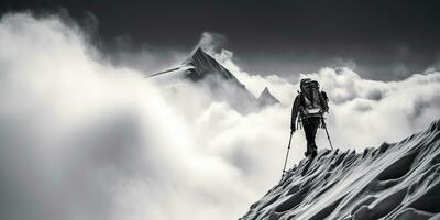 ai gegenereerd. ai generatief. winter sneeuw ijs berg wandelen trekking exploratie avontuur actief levensstijl motivatie landschap achtergrond. grafisch kunst foto