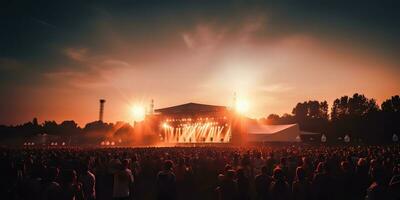 ai gegenereerd. ai generatief. nacht Open lucht concert tonen prestatie stadium leven muziek- evenement met veel mensen in de omgeving van. viering pret partij enthousiast achtergrond. grafisch kunst foto