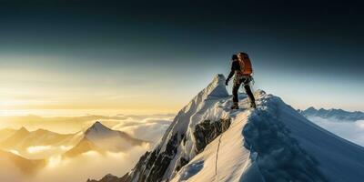 ai gegenereerd. ai generatief. winter sneeuw ijs berg wandelen trekking exploratie avontuur actief levensstijl motivatie landschap achtergrond. grafisch kunst foto