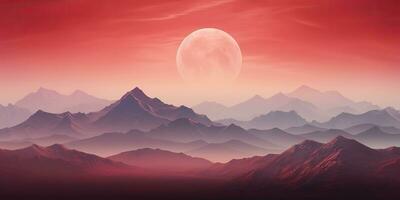 ai gegenereerd. ai generatief. minimalistisch natuur buitenshuis landschap met bergen heuvels en vol maan in rood wijnoogst retro stijl. grafisch kunst foto