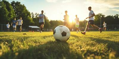 ai gegenereerd. ai generatief. voetbal Amerikaans voetbal spel Aan groen veld. actief sport fit opleiding achtergrond. grafisch kunst foto