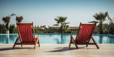 ai gegenereerd. ai generatief. twee houten dech stoelen Bij zwemmen zwembad. vakantie ontspannende hotel tijd. grafisch kunst foto