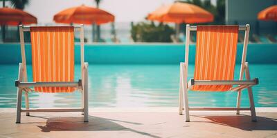 ai gegenereerd. ai generatief. twee houten dech stoelen Bij zwemmen zwembad. vakantie ontspannende hotel tijd. grafisch kunst foto