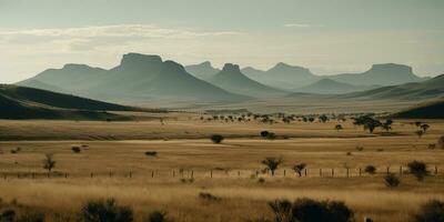 ai gegenereerd. ai generatief. wild buitenshuis natuur zuiden Afrika landschap achtergrond met bergen en veld. grafisch kunst foto