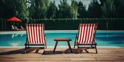 ai gegenereerd. ai generatief. twee houten dech stoelen Bij zwemmen zwembad. vakantie ontspannende hotel tijd. grafisch kunst foto