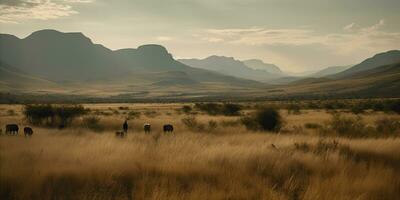 ai gegenereerd. ai generatief. wild buitenshuis natuur zuiden Afrika landschap achtergrond met bergen en veld. grafisch kunst foto