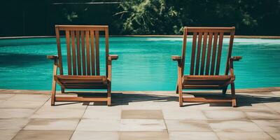 ai gegenereerd. ai generatief. twee houten dech stoelen Bij zwemmen zwembad. vakantie ontspannende hotel tijd. grafisch kunst foto