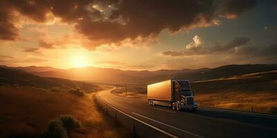 ai gegenereerd. ai generatief. vrachtauto auto mobiel Bij weg snelweg parkeren met zonsondergang land kant landschap achtergrond. grafisch kunst foto