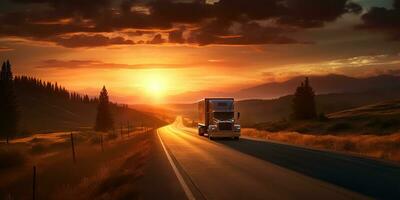 ai gegenereerd. ai generatief. vrachtauto auto mobiel Bij weg snelweg parkeren met zonsondergang land kant landschap achtergrond. grafisch kunst foto