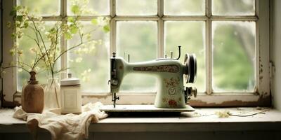ai gegenereerd. ai generatief. wijnoogst retro naaien machine Aan venster met bloemen. decoratief huis knus achtergrond. grafisch kunst foto