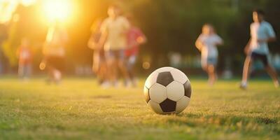 ai gegenereerd. ai generatief. voetbal Amerikaans voetbal spel Aan groen veld. actief sport fit opleiding achtergrond. grafisch kunst foto