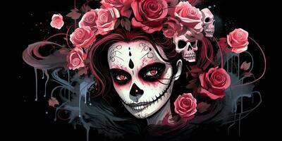 ai gegenereerd. ai generatief. Muertos Mexicaans Latijns dag van de dood vakantie carnaval vrouw maken omhoog suiker schedel gezicht. mooi vrouw met halloween foto