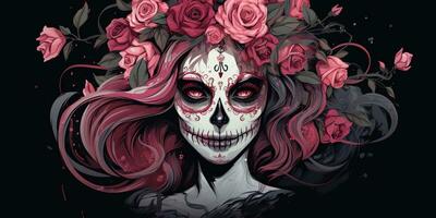ai gegenereerd. ai generatief. Muertos Mexicaans Latijns dag van de dood vakantie carnaval vrouw maken omhoog suiker schedel gezicht. mooi vrouw met halloween foto