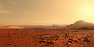 ai gegenereerd. ai generatief. natuur buitenshuis Mars planeet oppervlakte landschap achtergrond. rood heelal planeet reizen verkenning. grafisch kunst foto