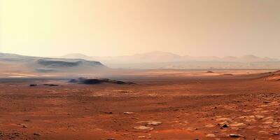 ai gegenereerd. ai generatief. natuur buitenshuis Mars planeet oppervlakte landschap achtergrond. rood heelal planeet reizen verkenning. grafisch kunst foto