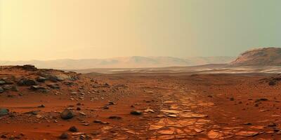 ai gegenereerd. ai generatief. natuur buitenshuis Mars planeet oppervlakte landschap achtergrond. rood heelal planeet reizen verkenning. grafisch kunst foto