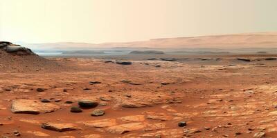 ai gegenereerd. ai generatief. natuur buitenshuis Mars planeet oppervlakte landschap achtergrond. rood heelal planeet reizen verkenning. grafisch kunst foto
