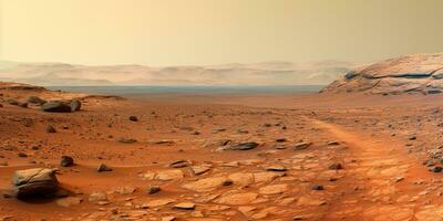 ai gegenereerd. ai generatief. natuur buitenshuis Mars planeet oppervlakte landschap achtergrond. rood heelal planeet reizen verkenning. grafisch kunst foto