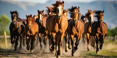 ai gegenereerd. ai generatief. groep van paarden rennen buitenshuis natuur achtergrond. wild leven dier decoratie. grafisch kunst foto