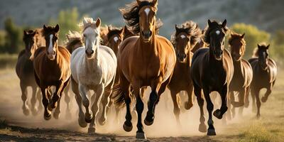 ai gegenereerd. ai generatief. groep van paarden rennen buitenshuis natuur achtergrond. wild leven dier decoratie. grafisch kunst foto