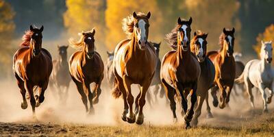 ai gegenereerd. ai generatief. groep van paarden rennen buitenshuis natuur achtergrond. wild leven dier decoratie. grafisch kunst foto