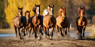 ai gegenereerd. ai generatief. groep van paarden rennen buitenshuis natuur achtergrond. wild leven dier decoratie. grafisch kunst foto