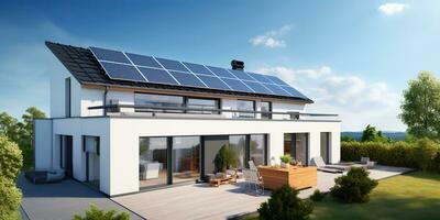 ai gegenereerd. ai generatief. alternatief macht elektriciteit op het dak huis zonne- paneel. modern architectuur gebouw. grafisch kunst foto
